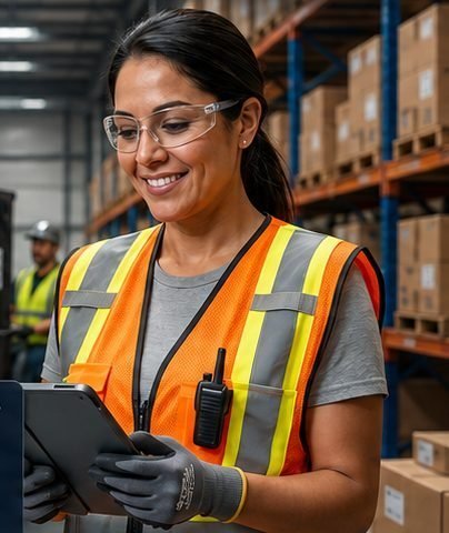 Warehouse employee in a hi-visibility vest and safety glasses reviewing a tablet beside racked cartons in a distribution center